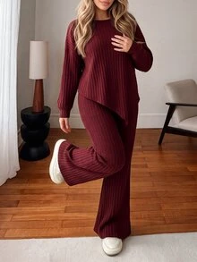 Vionelle Plus Size Vintage Burgundy Ribbed Knit 2 Pieces Set, Loose Asymmetrical Top And High-Waist Draped Wide Leg Pants Casual Outfit - Burgundy - View 4