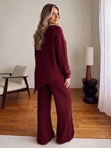 Vionelle Plus Size Vintage Burgundy Ribbed Knit 2 Pieces Set, Loose Asymmetrical Top And High-Waist Draped Wide Leg Pants Casual Outfit - Burgundy - View 2