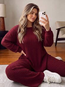 Vionelle Plus Size Vintage Burgundy Ribbed Knit 2 Pieces Set, Loose Asymmetrical Top And High-Waist Draped Wide Leg Pants Casual Outfit - Burgundy - View 3