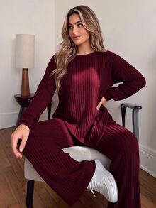 Vionelle Plus Size Vintage Burgundy Ribbed Knit 2 Pieces Set, Loose Asymmetrical Top And High-Waist Draped Wide Leg Pants Casual Outfit - Burgundy - View 1