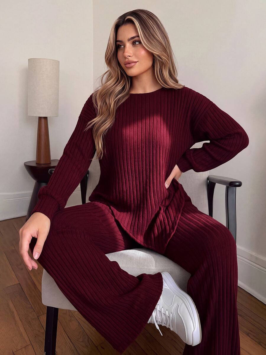 Vionelle Plus Size Vintage Burgundy Ribbed Knit 2 Pieces Set, Loose Asymmetrical Top And High-Waist Draped Wide Leg Pants Casual Outfit - Burgundy - View 1