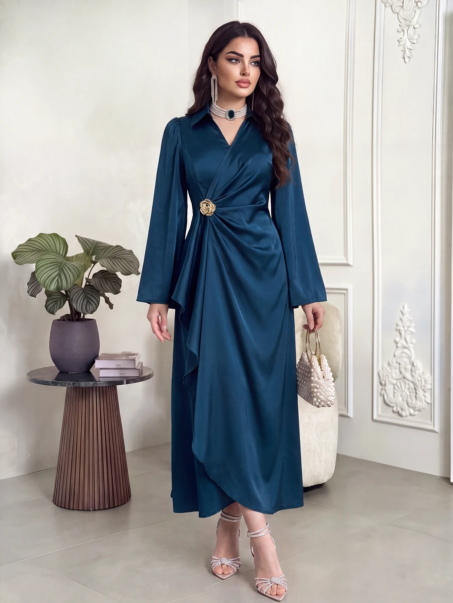 Modelyn 女士优雅纯色喇叭袖裹身连衣裙