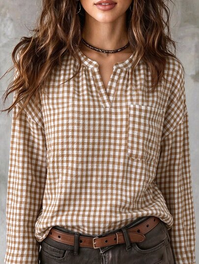 SHEIN Damen Lässig Pendler Urlaub Leinen Textur Klassisches Karomuster V-Ausschnitt Langarm Bequeme Drop-Shoulder Bluse Top, geeignet für Dates, Alltag, Zusammenkünfte, Outdoor, Pendeln, Straße und Zuhause Anlässe, Frühling Sommer Herbst