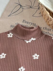 SHEIN Playful Pals 2件組幼女上衣喇叭褲套裝，可愛甜美棕黑花卉印花，荷葉邊長袖小高領，休閒款，適合生日、秋季、假日，舒適羅紋面料 - 棕色 - 查看 5
