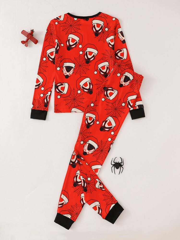 SHEIN Tween Boy Autumn/Winter Pajamas 2pcs Halloween Stretchy Snug Fit Long Sleeve Pants Print Cartoon Red Home Holiday Cute - Red - View 3