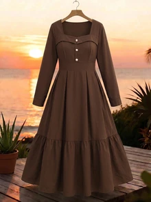 GlowEve CURVE Plus Size Elegant Commuter Solid Color Long Sleeve Dress Fall - Coffee Brown - View 6