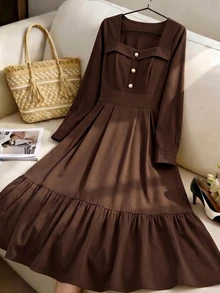 GlowEve CURVE Plus Size Elegant Commuter Solid Color Long Sleeve Dress Fall - Coffee Brown - View 7