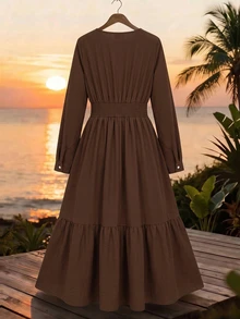 GlowEve CURVE Plus Size Elegant Commuter Solid Color Long Sleeve Dress Fall - Coffee Brown - View 2