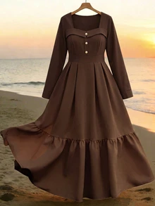 GlowEve CURVE Plus Size Elegant Commuter Solid Color Long Sleeve Dress Fall - Coffee Brown - View 8