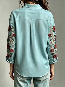 Selamara Plus Size Women's Vintage Boho Floral Print Button Long Sleeve Shirt Vacation Formal Light Blue Autumn - Multicolor - View 2