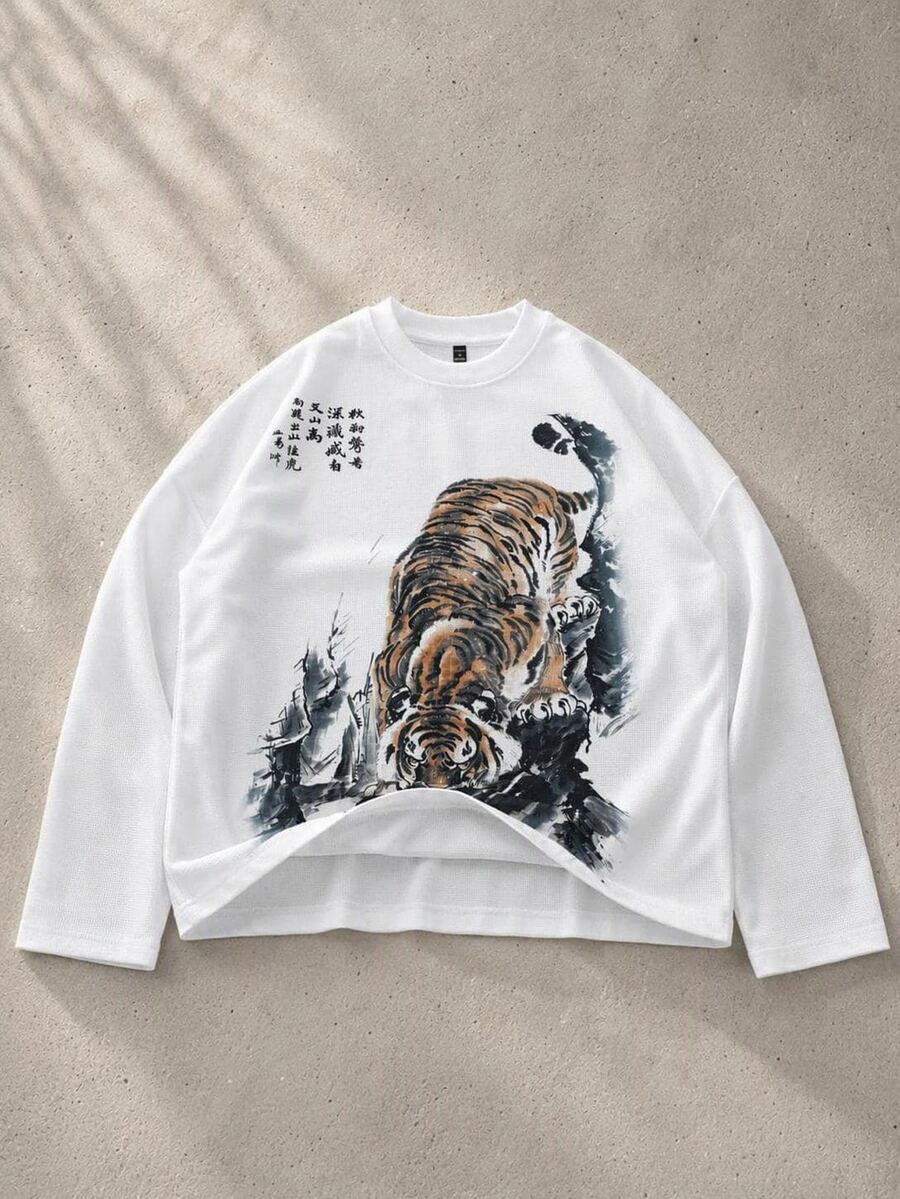 ROMWE MEN Waffle Fabric Tiger Print Loose Long Sleeve T-Shirt - White - View 1
