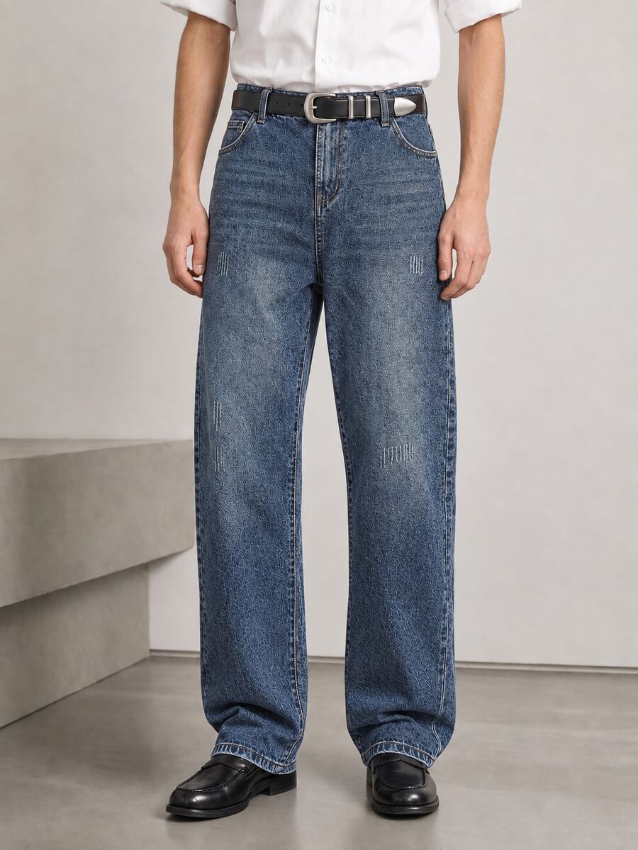 RivetRise Men's American Vintage Washed Denim Loose Wide Leg Long Pants