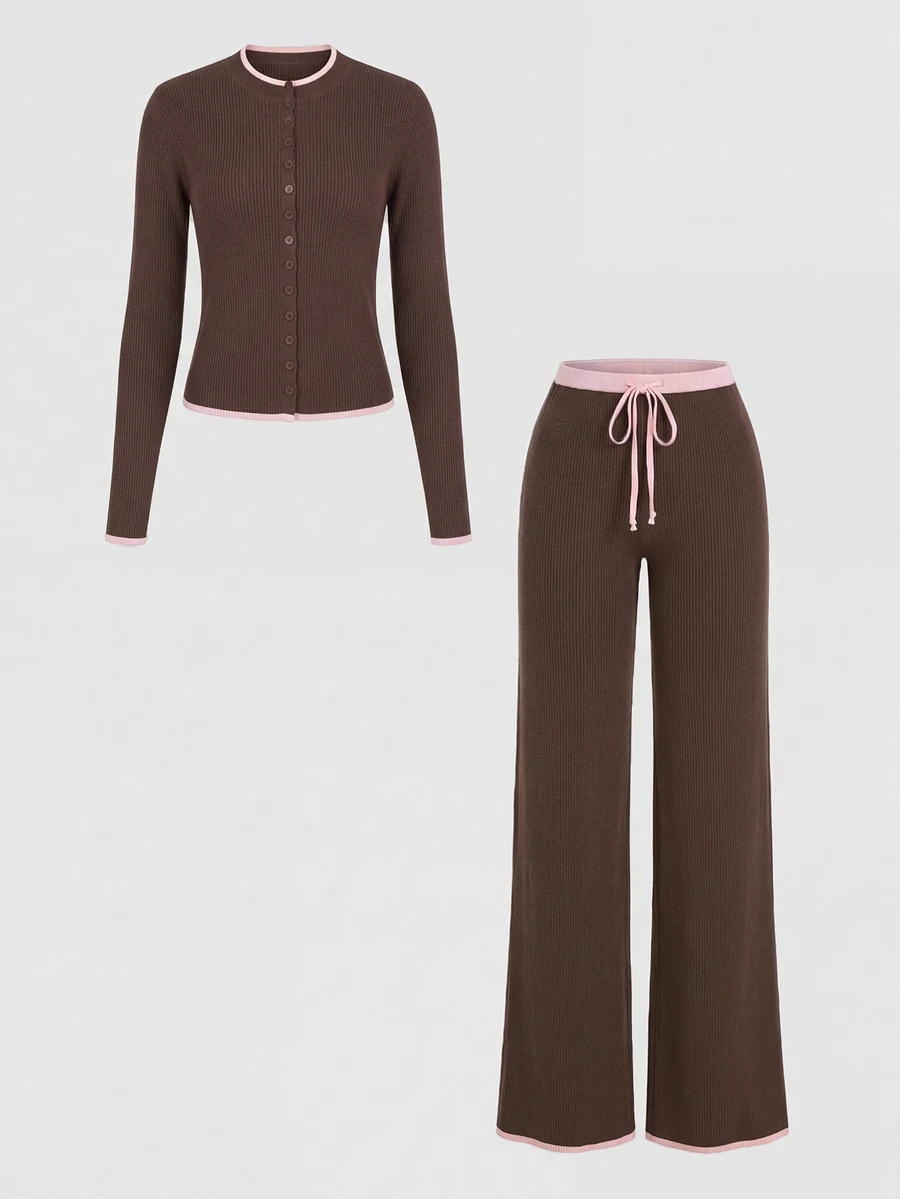 Sweetra Women's Colorblock Single-Breasted Long Sleeve Sweater And Drawstring Waist Pants 2 Pieces Set - Brown - View 1