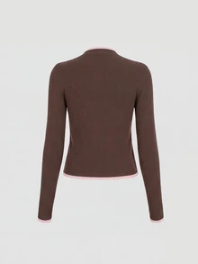 Sweetra Women's Colorblock Single-Breasted Long Sleeve Sweater And Drawstring Waist Pants 2 Pieces Set - Brown - View 5