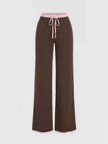Sweetra Women's Colorblock Single-Breasted Long Sleeve Sweater And Drawstring Waist Pants 2 Pieces Set - Brown - View 4