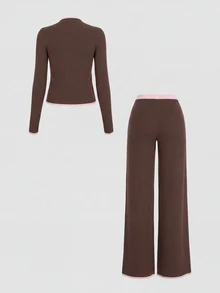 Sweetra Women's Colorblock Single-Breasted Long Sleeve Sweater And Drawstring Waist Pants 2 Pieces Set - Brown - View 2