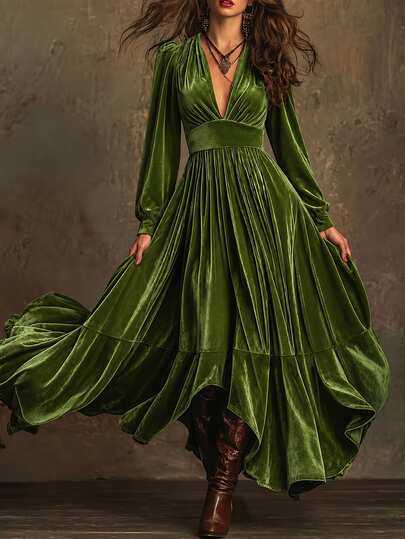 LUMIGAL 2026 Fall/Winter New Boho Elegant Green Velvet Deep V Neck Long Sleeve High Waist Pleated Ruffle Hem Party Wedding Christmas Holiday Women Dress