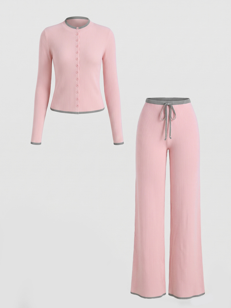 Sweetra Women's Colorblock Single-Breasted Long Sleeve Sweater And Drawstring Waist Pants 2 Pieces Set - Pink - View 1