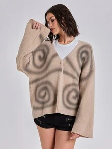 ROMWE Autumn/Winter Casual Streetwear Y2K Oversized Abstract Dazzle Spray Print Long Sleeve Cardigan - Apricot - View 1