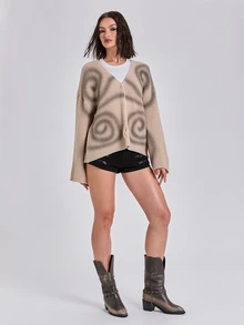 ROMWE Autumn/Winter Casual Streetwear Y2K Oversized Abstract Dazzle Spray Print Long Sleeve Cardigan - Apricot - View 3