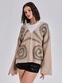 ROMWE Autumn/Winter Casual Streetwear Y2K Oversized Abstract Dazzle Spray Print Long Sleeve Cardigan - Apricot - View 7