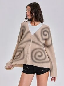 ROMWE Autumn/Winter Casual Streetwear Y2K Oversized Abstract Dazzle Spray Print Long Sleeve Cardigan - Apricot - View 4
