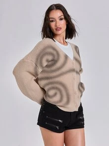 ROMWE Autumn/Winter Casual Streetwear Y2K Oversized Abstract Dazzle Spray Print Long Sleeve Cardigan - Apricot - View 8