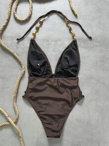 SHEIN Swim Swim SXY-D 女士咖啡棕色纯色深V领串珠链条镂空性感连体泳衣，春夏款 - 咖啡棕 - 查看 5