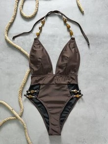 SHEIN Swim Swim SXY-D 女士咖啡棕色纯色深V领串珠链条镂空性感连体泳衣，春夏款 - 咖啡棕 - 查看 6