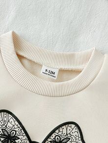 SHEIN 3件組幼女背心衛衣長褲套裝，可愛甜美黑色象牙白蝴蝶結印花，絎縫長袖高領加厚，派對秋季假期舒適喇叭褲腿 - 黑色 - 查看 6