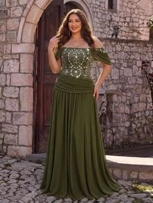 Glamrae فستان سهرة فاخر أنيق رومانسي براق باللون الأخضر مزين بالترتر والتطريز والقطع المجمعة من الشبك المرن، مكشوف الكتفين بأكمام قصيرة، ضيق مع ياقة منسدلة وتجاعيد، بقصة A-خط مزين بكثافة، مناسب للحفلات والمواعيد والرقصات والعطلات وحفلات الزفاف والمناسبات - أخضر - مشاهدة 2