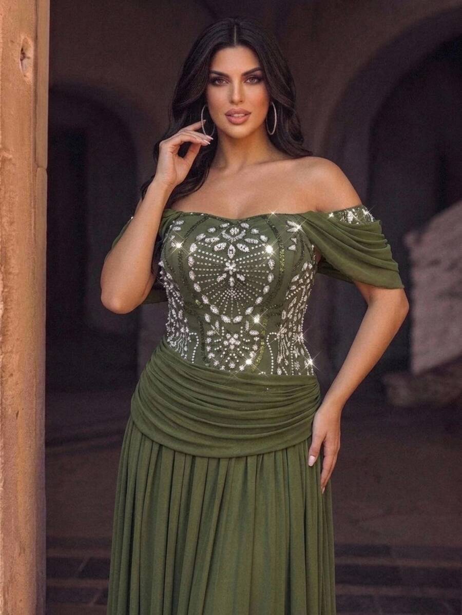 Glamrae فستان سهرة فاخر أنيق رومانسي براق باللون الأخضر مزين بالترتر والتطريز والقطع المجمعة من الشبك المرن، مكشوف الكتفين بأكمام قصيرة، ضيق مع ياقة منسدلة وتجاعيد، بقصة A-خط مزين بكثافة، مناسب للحفلات والمواعيد والرقصات والعطلات وحفلات الزفاف والمناسبات - أخضر - مشاهدة 1