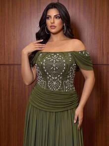 Glamrae فستان سهرة فاخر أنيق رومانسي براق باللون الأخضر مزين بالترتر والتطريز والقطع المجمعة من الشبك المرن، مكشوف الكتفين بأكمام قصيرة، ضيق مع ياقة منسدلة وتجاعيد، بقصة A-خط مزين بكثافة، مناسب للحفلات والمواعيد والرقصات والعطلات وحفلات الزفاف والمناسبات - أخضر - مشاهدة 7