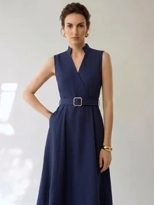 Uhlyne Uhlyne Navy Blue Stand Collar Sleeveless Belted A-Line Cotton Blend Summer Commute Casual Elegant Dress Teachers' Day Office Business - Navy Blue - View 4