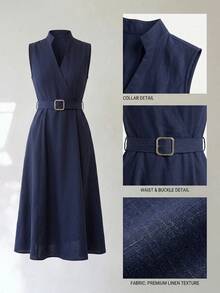 Uhlyne Uhlyne Navy Blue Stand Collar Sleeveless Belted A-Line Cotton Blend Summer Commute Casual Elegant Dress Teachers' Day Office Business - Navy Blue - View 8