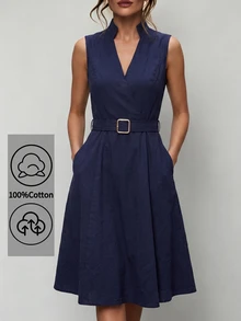 Uhlyne Uhlyne Navy Blue Stand Collar Sleeveless Belted A-Line Cotton Blend Summer Commute Casual Elegant Dress Teachers' Day Office Business - Navy Blue - View 1