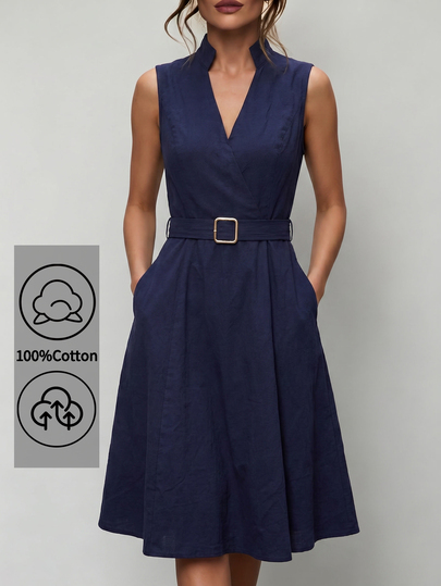 Uhlyne Uhlyne Navy Blue Stand Collar Sleeveless Belted A-Line Cotton Blend Summer Commute Casual Elegant Dress Teachers' Day Office Business