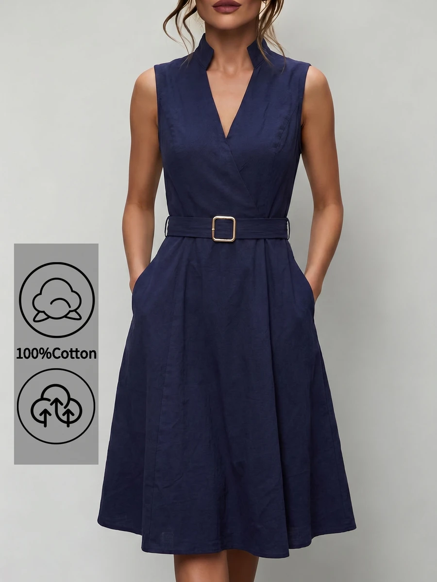 Uhlyne Uhlyne Navy Blue Stand Collar Sleeveless Belted A-Line Cotton Blend Summer Commute Casual Elegant Dress Teachers' Day Office Business - Navy Blue - View 1