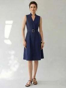 Uhlyne Uhlyne Navy Blue Stand Collar Sleeveless Belted A-Line Cotton Blend Summer Commute Casual Elegant Dress Teachers' Day Office Business - Navy Blue - View 5