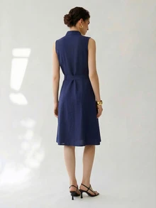 Uhlyne Uhlyne Navy Blue Stand Collar Sleeveless Belted A-Line Cotton Blend Summer Commute Casual Elegant Dress Teachers' Day Office Business - Navy Blue - View 2