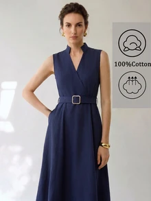 Uhlyne Uhlyne Navy Blue Stand Collar Sleeveless Belted A-Line Cotton Blend Summer Commute Casual Elegant Dress Teachers' Day Office Business - Navy Blue - View 7