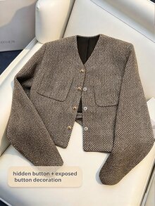 GlowEve CURVE Plus Size Women's Long Sleeve Single-Breasted Elegant Casual Smart Jacket Office Business Brown Autumn Winter Coats For Woman - Gold - View 8