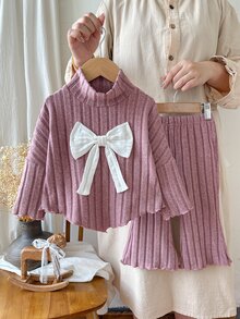 SHEIN 2件組女嬰針織毛衣長褲套裝，可愛甜美灰粉色羅紋針織，蝴蝶結不對稱喇叭褲腳，長袖小立領，加厚舒適公主風秋季節日針織衫 - 紫色 - 查看 3