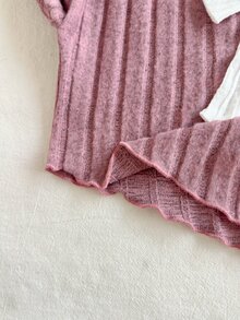 SHEIN 2件組女嬰針織毛衣長褲套裝，可愛甜美灰粉色羅紋針織，蝴蝶結不對稱喇叭褲腳，長袖小立領，加厚舒適公主風秋季節日針織衫 - 紫色 - 查看 11