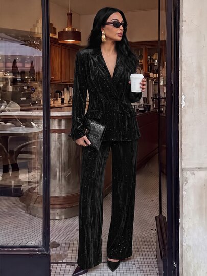 Silquee Women's Deep V-Neck Long Sleeve Jacket And Pants Casual Daily Suit Set Winter Outfit For Women Festival Outfits For Women Sequin Work Outfits For