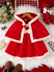SHEIN Christmas Baby Girl Dress Cape Set Cute Red Bow Faux Fur Trim Snowflake Print Sleeveless Hooded Thick Autumn Winter Holiday Burgundy Plush Birthday - Red - View 13