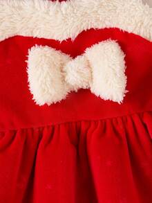 SHEIN Christmas Baby Girl Dress Cape Set Cute Red Bow Faux Fur Trim Snowflake Print Sleeveless Hooded Thick Autumn Winter Holiday Burgundy Plush Birthday - Red - View 10