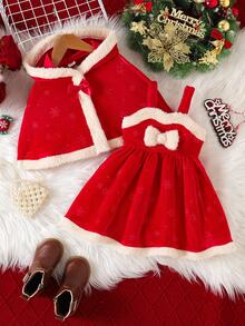 SHEIN Christmas Baby Girl Dress Cape Set Cute Red Bow Faux Fur Trim Snowflake Print Sleeveless Hooded Thick Autumn Winter Holiday Burgundy Plush Birthday - Red - View 3