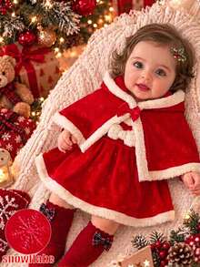 SHEIN Christmas Baby Girl Dress Cape Set Cute Red Bow Faux Fur Trim Snowflake Print Sleeveless Hooded Thick Autumn Winter Holiday Burgundy Plush Birthday - Red - View 1