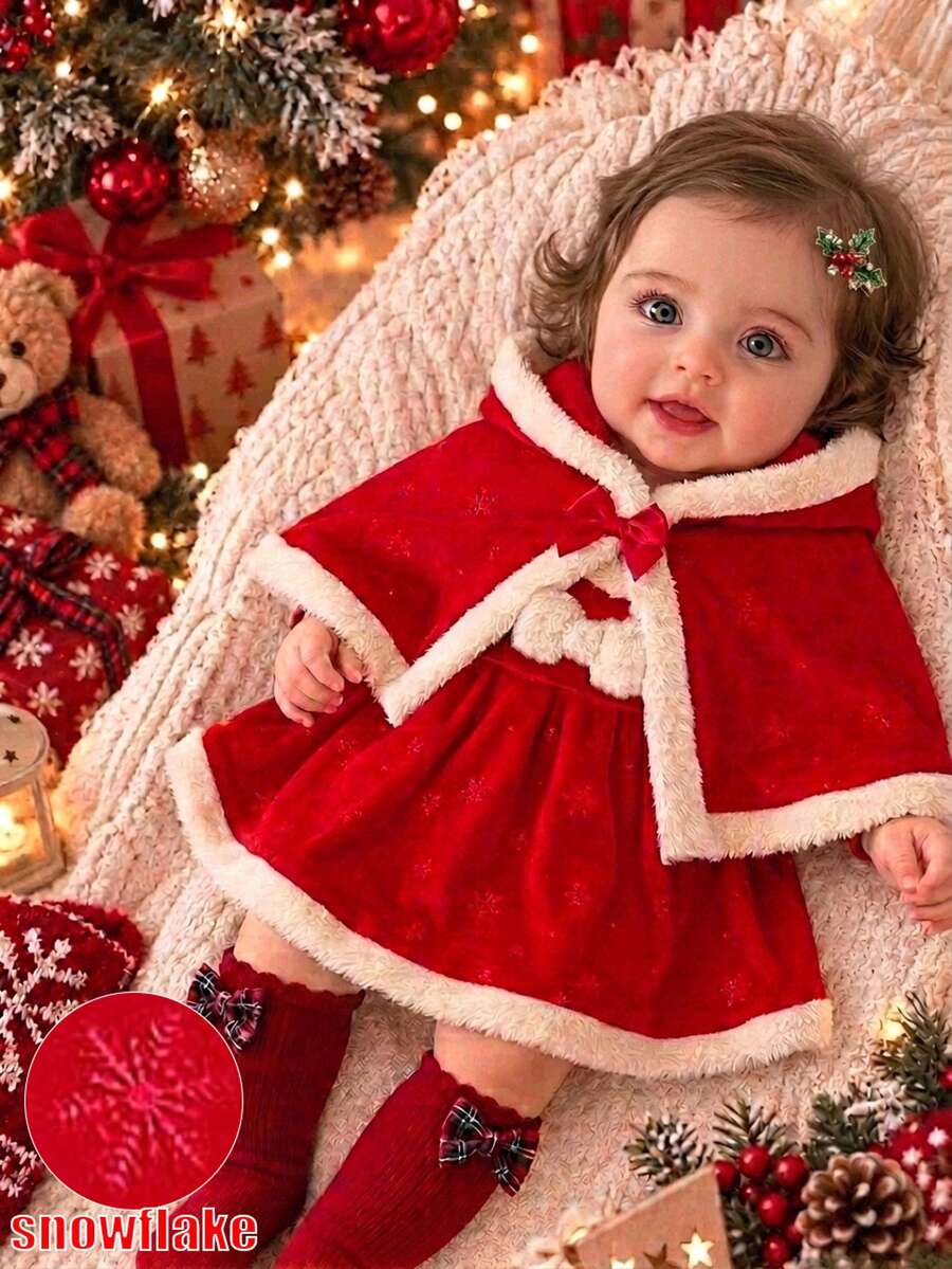 SHEIN Christmas Baby Girl Dress Cape Set Cute Red Bow Faux Fur Trim Snowflake Print Sleeveless Hooded Thick Autumn Winter Holiday Burgundy Plush Birthday - Red - View 1